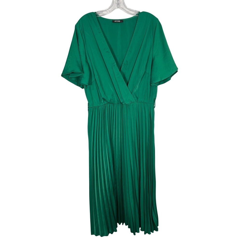 Kelly Green Pleated Dopamine V-Neck Flutter Sleeve Midi Short Sleeve Dress XL